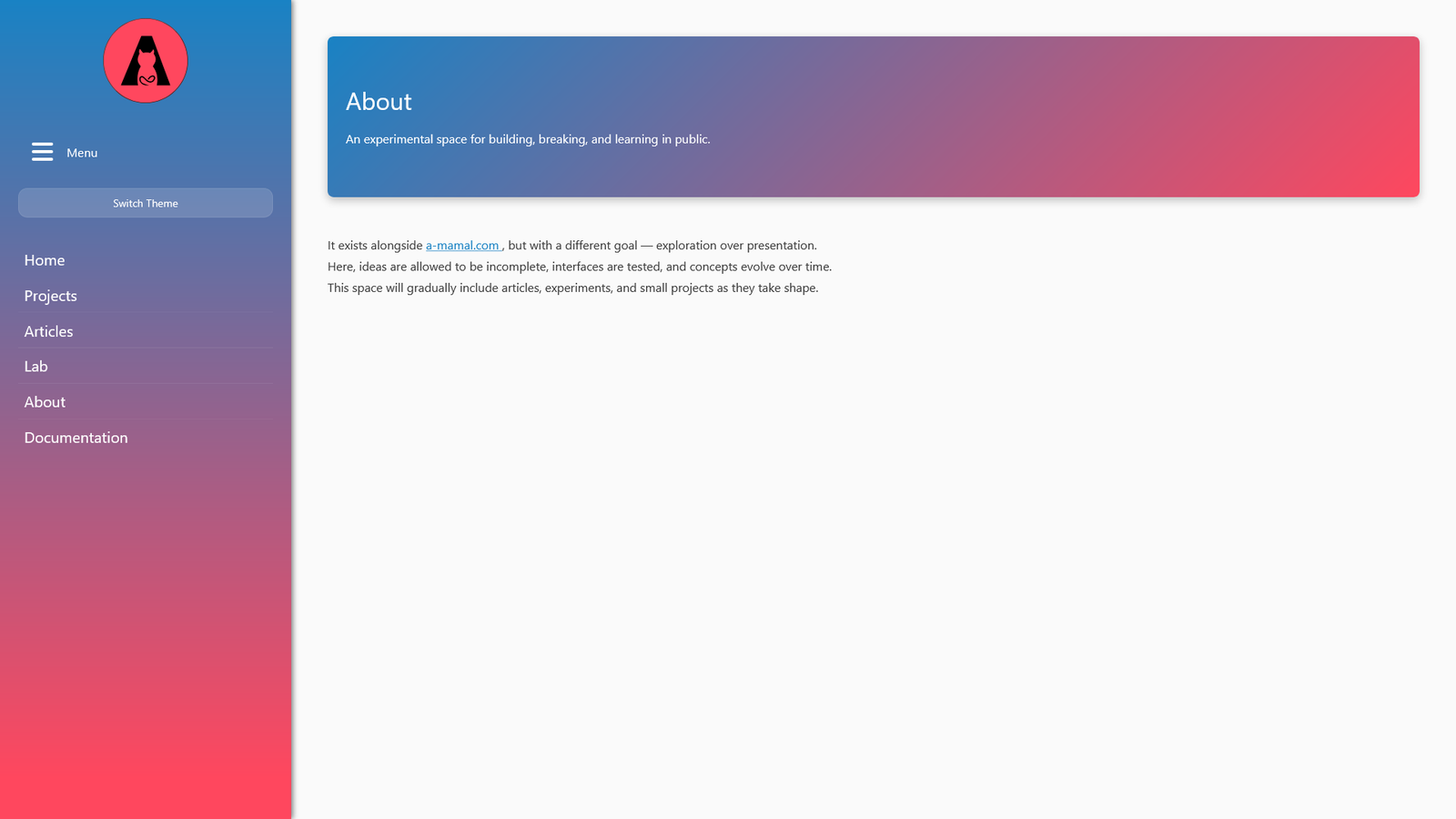 a-mamal.dev about page in desktop day mode