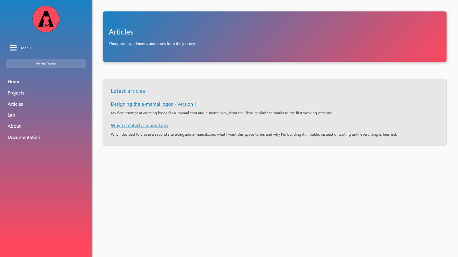 a-mamal.dev articles page in desktop day mode