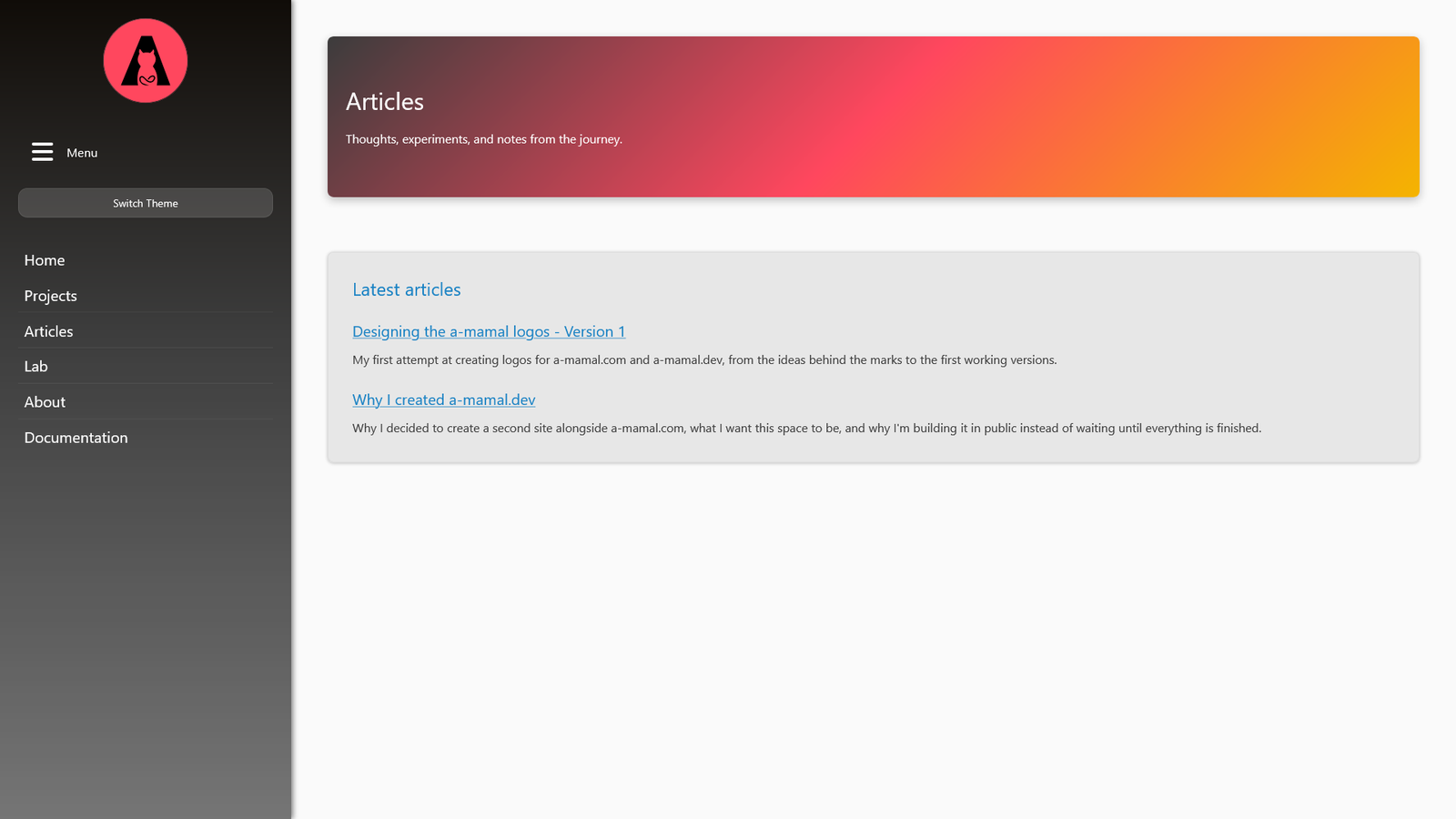 a-mamal.dev articles page in desktop night mode