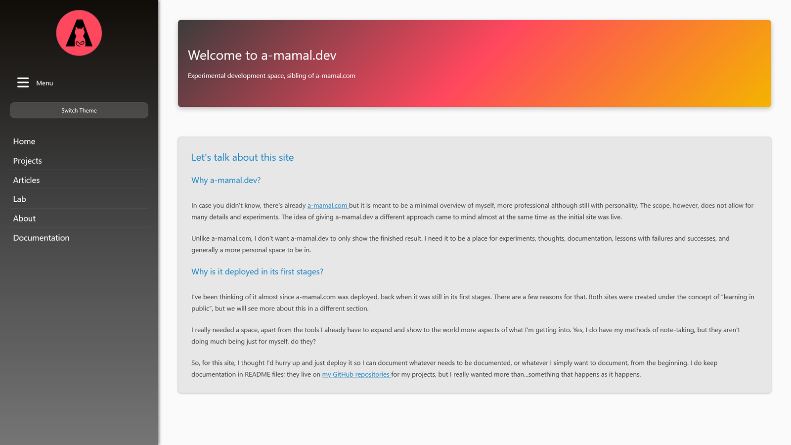 a-mamal.dev home page in desktop night mode
