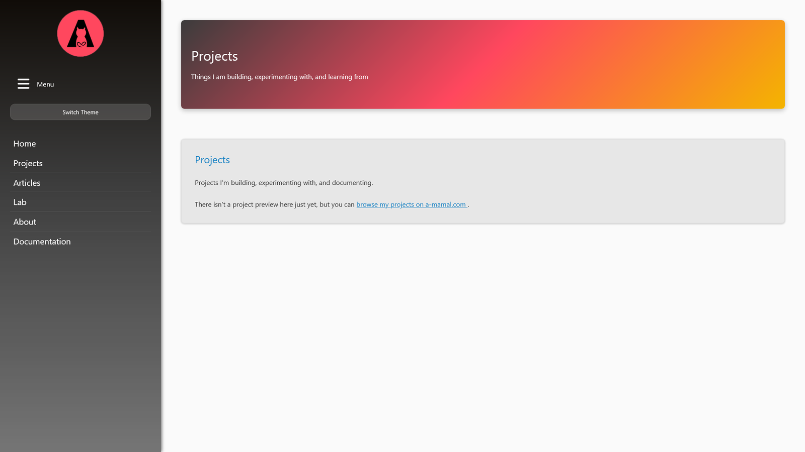 a-mamal.dev projects page in desktop night mode